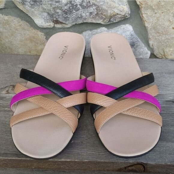 VIONIC Dava Leather Slide Comfort Sandals Size 11 M Strappy Slip On Neutrals - Picture 4 of 12